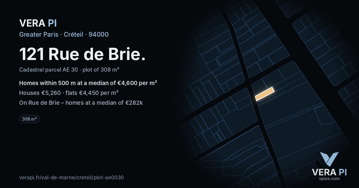 121 Rue de Brie, Créteil at night – the plot lit, the parcels around coloured by the prices near them