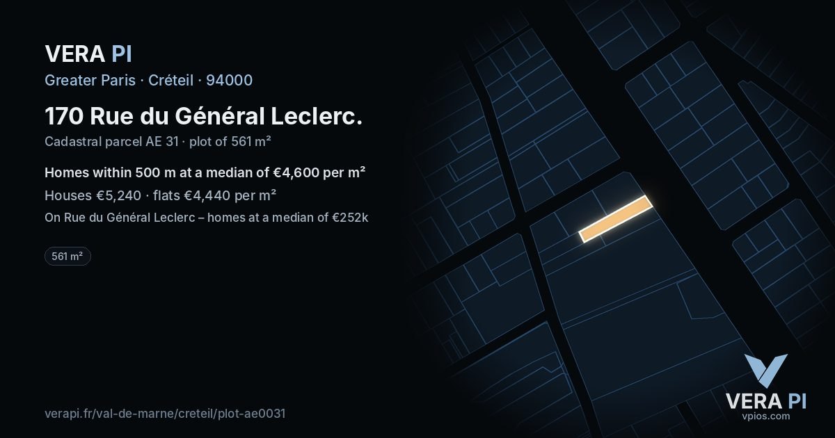 170 Rue du Général Leclerc, Créteil at night – the plot lit, the parcels around coloured by the prices near them