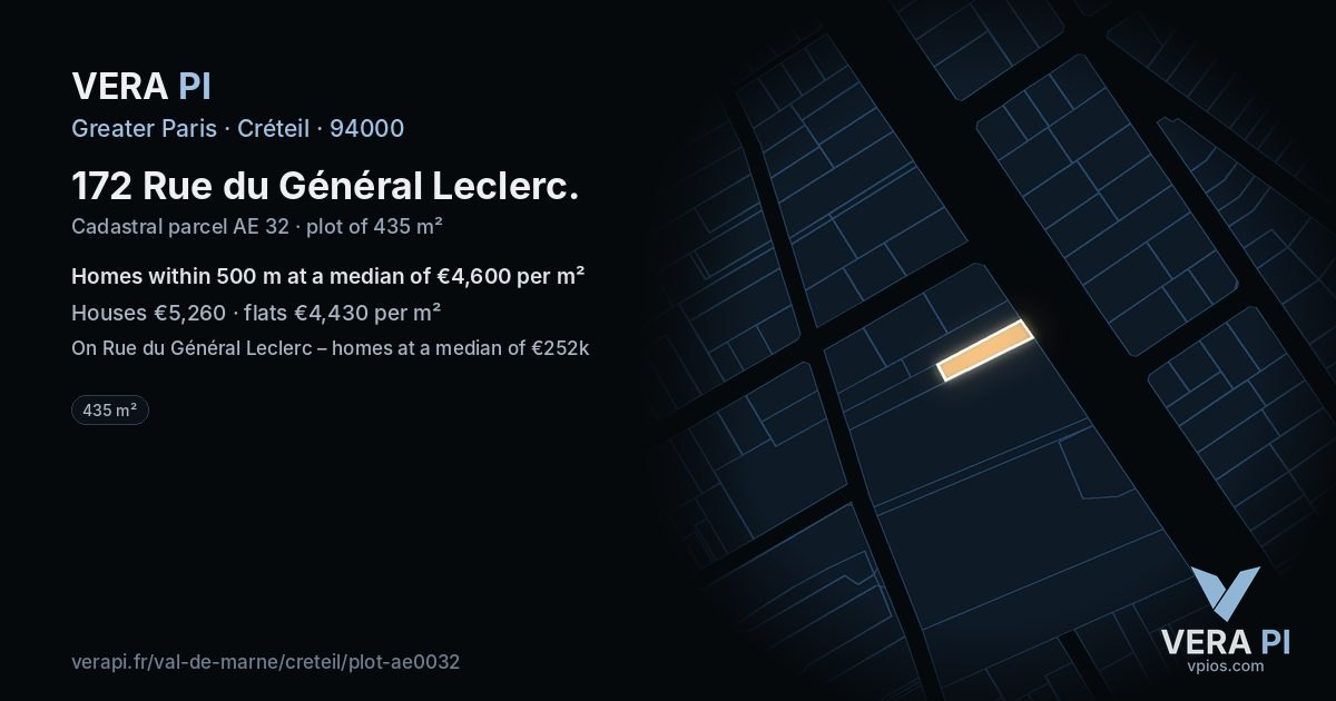 172 Rue du Général Leclerc, Créteil at night – the plot lit, the parcels around coloured by the prices near them