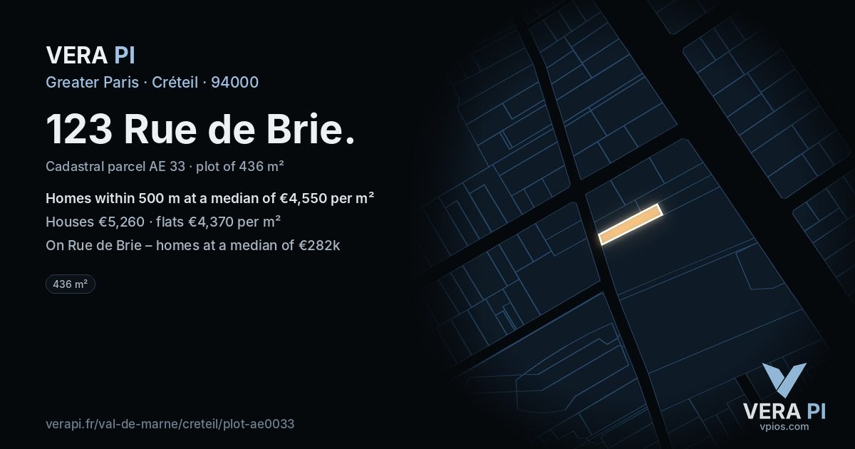 123 Rue de Brie, Créteil at night – the plot lit, the parcels around coloured by the prices near them