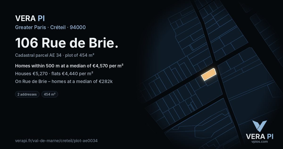 106 Rue de Brie, Créteil at night – the plot lit, the parcels around coloured by the prices near them