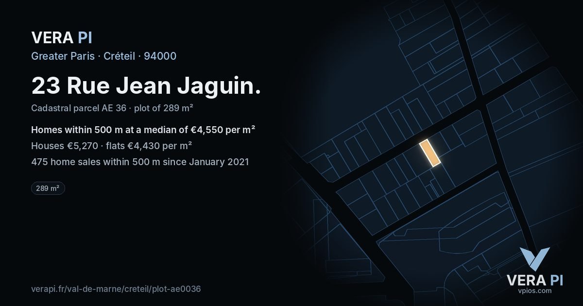 23 Rue Jean Jaguin, Créteil at night – the plot lit, the parcels around coloured by the prices near them