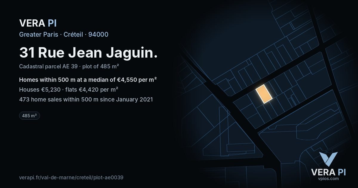 31 Rue Jean Jaguin, Créteil at night – the plot lit, the parcels around coloured by the prices near them