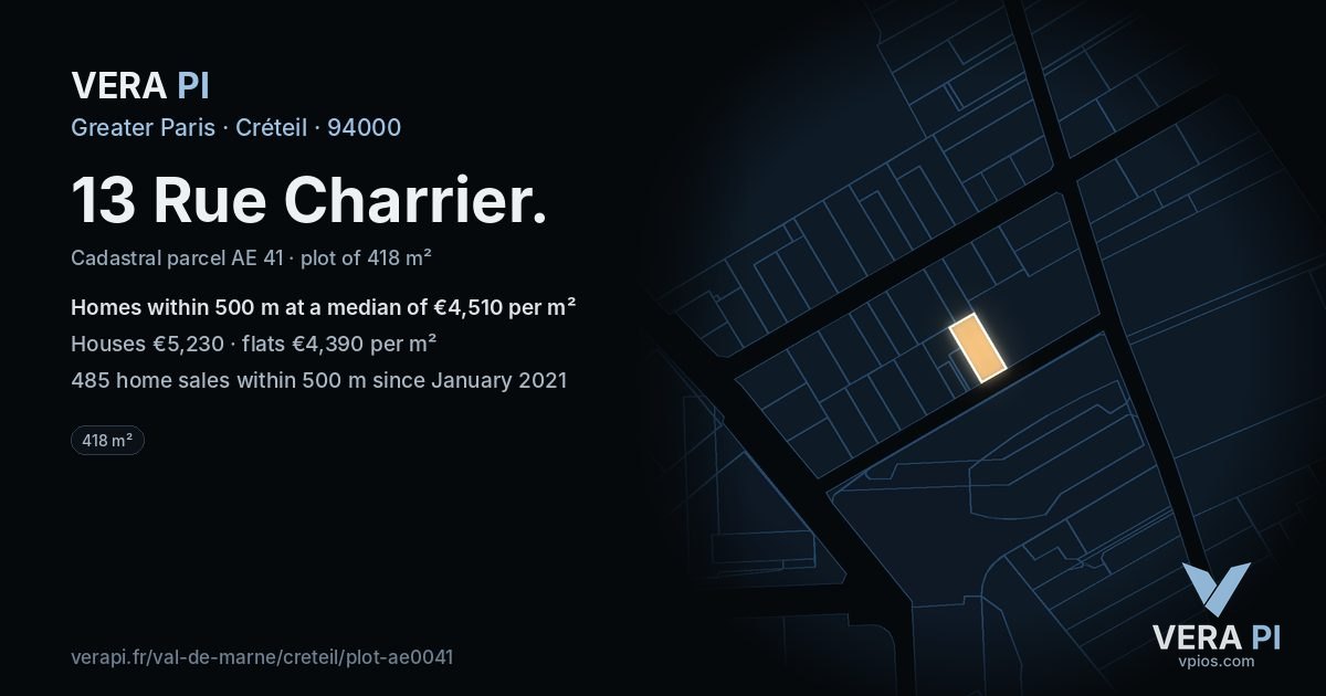 13 Rue Charrier, Créteil at night – the plot lit, the parcels around coloured by the prices near them