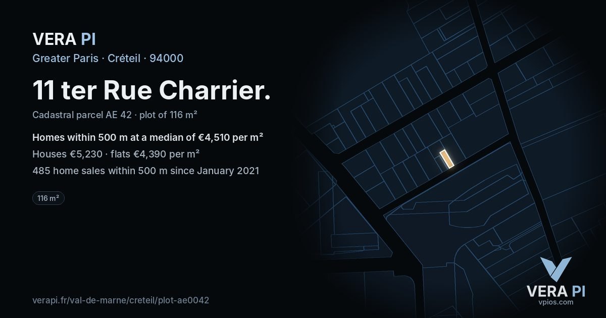 11 ter Rue Charrier, Créteil at night – the plot lit, the parcels around coloured by the prices near them