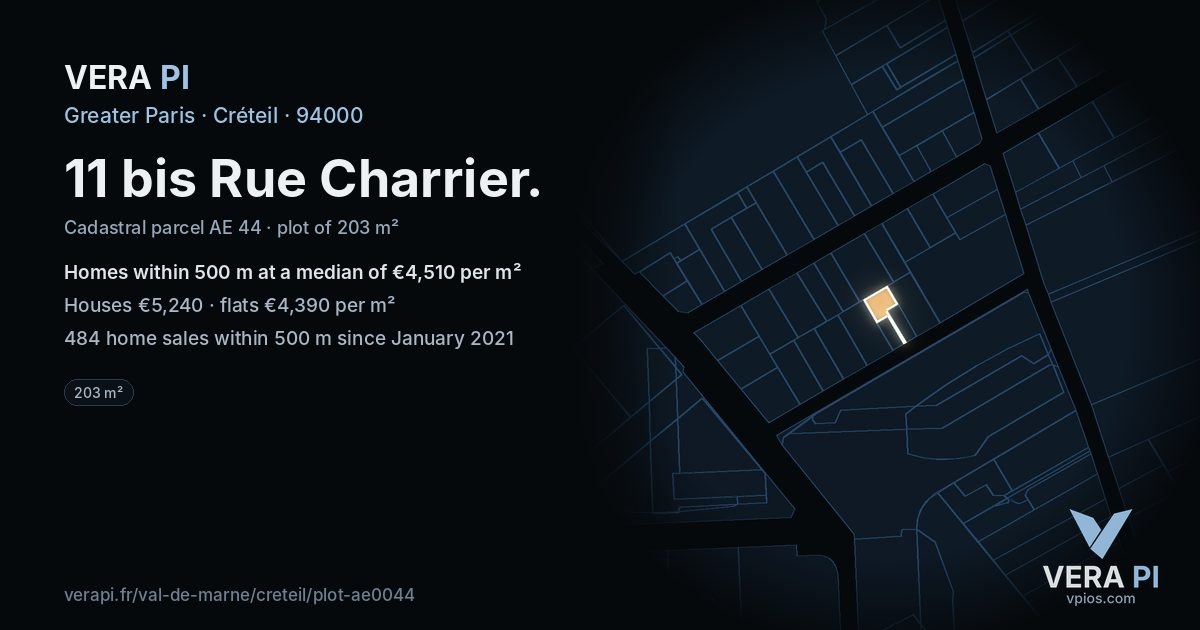 11 bis Rue Charrier, Créteil at night – the plot lit, the parcels around coloured by the prices near them