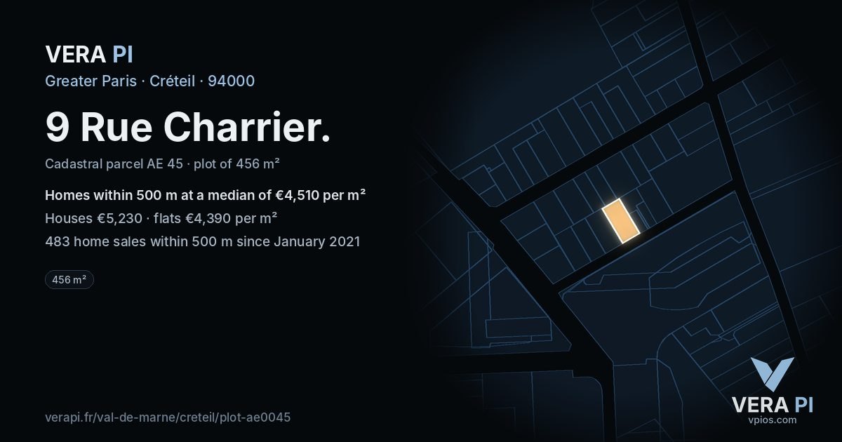 9 Rue Charrier, Créteil at night – the plot lit, the parcels around coloured by the prices near them