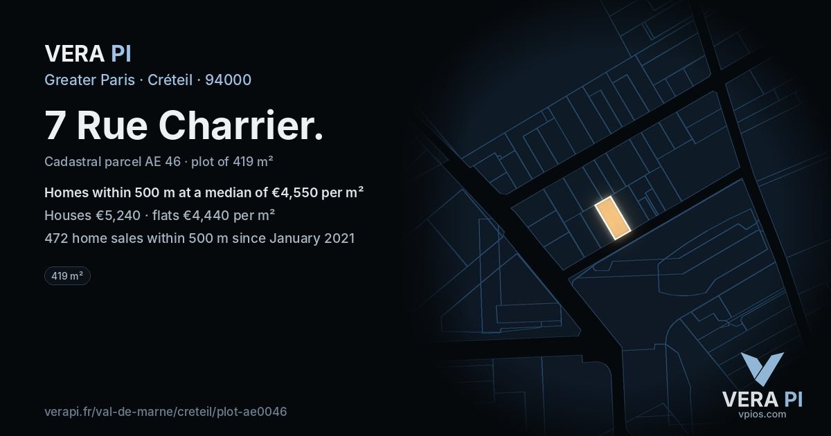 7 Rue Charrier, Créteil at night – the plot lit, the parcels around coloured by the prices near them