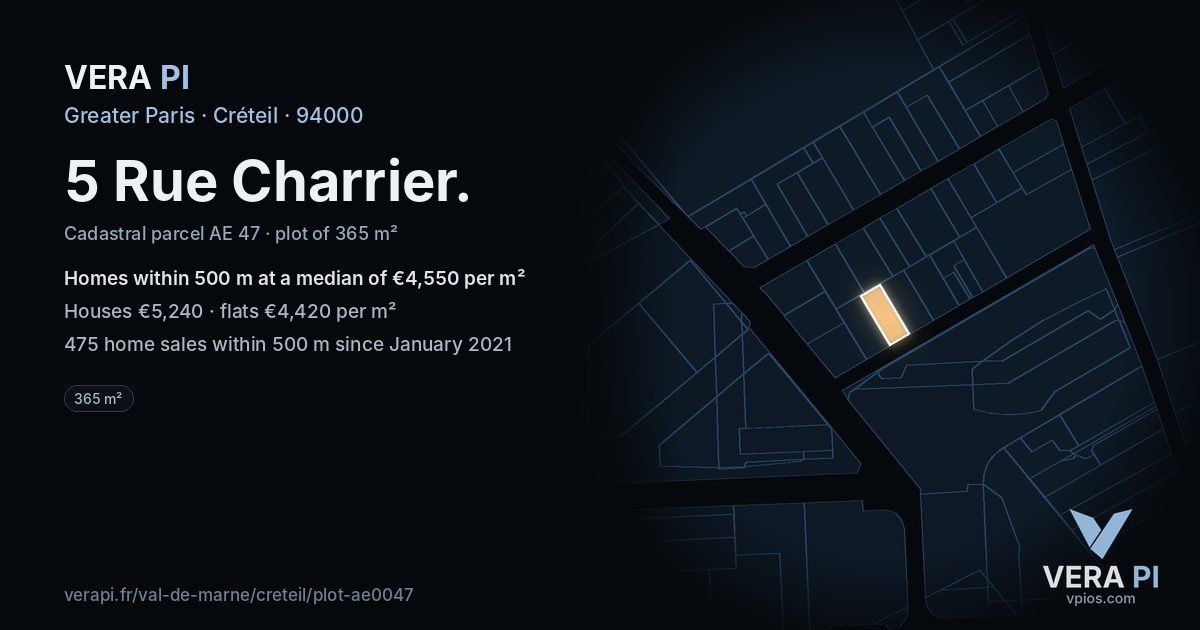 5 Rue Charrier, Créteil at night – the plot lit, the parcels around coloured by the prices near them