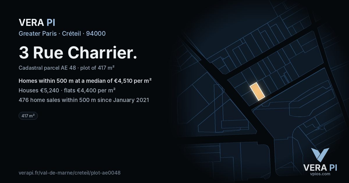 3 Rue Charrier, Créteil at night – the plot lit, the parcels around coloured by the prices near them