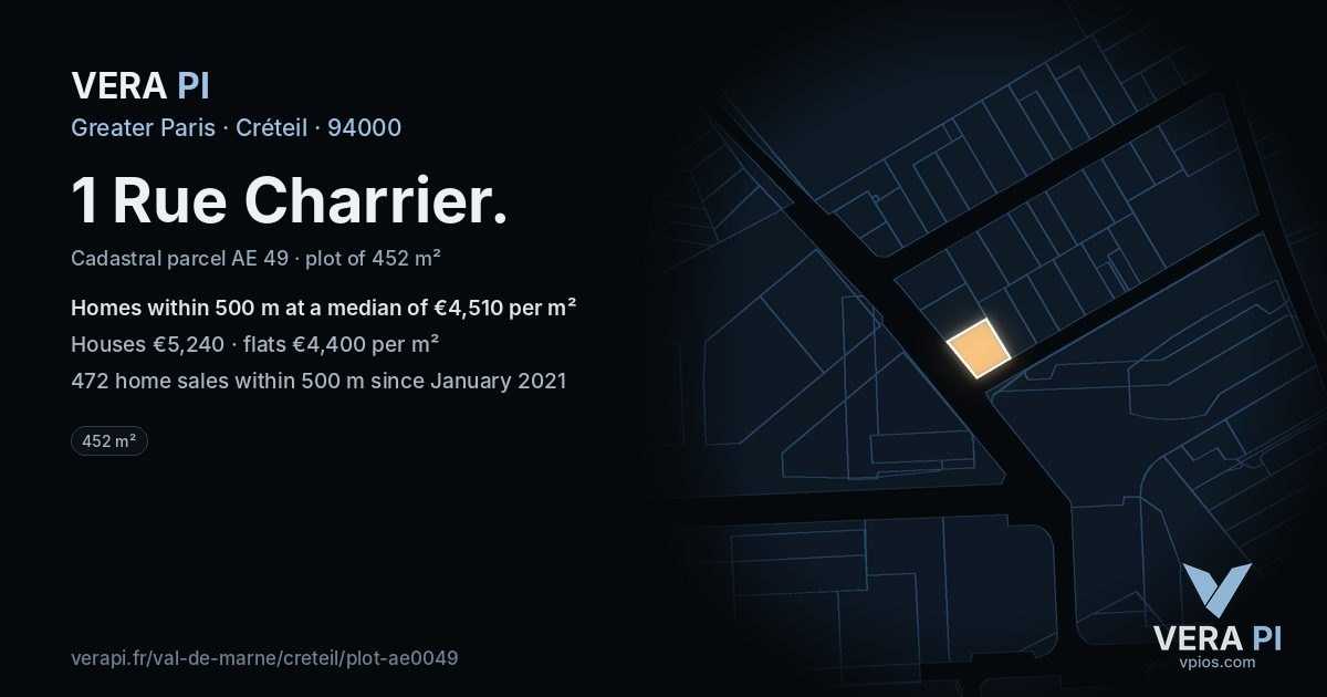1 Rue Charrier, Créteil at night – the plot lit, the parcels around coloured by the prices near them