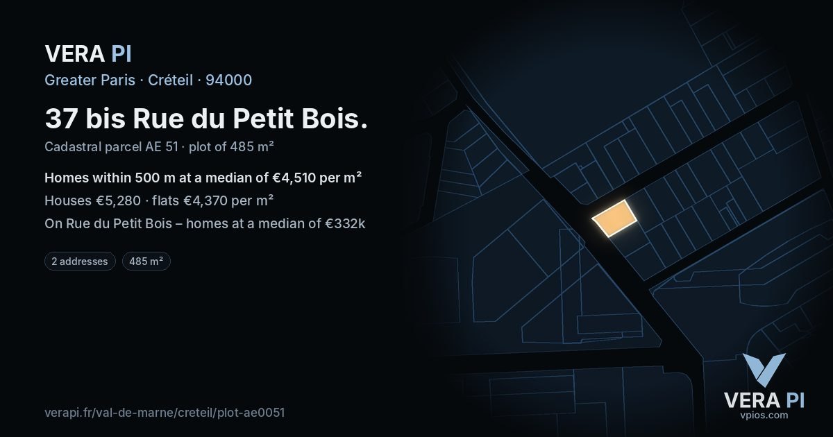 37 bis Rue du Petit Bois, Créteil at night – the plot lit, the parcels around coloured by the prices near them