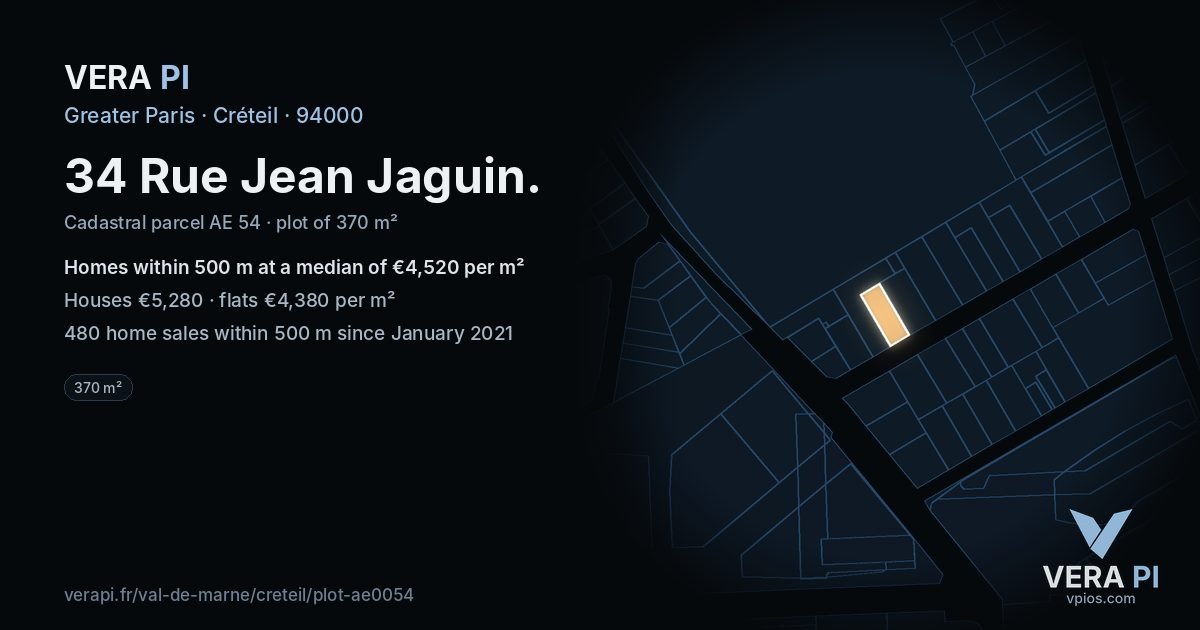 34 Rue Jean Jaguin, Créteil at night – the plot lit, the parcels around coloured by the prices near them