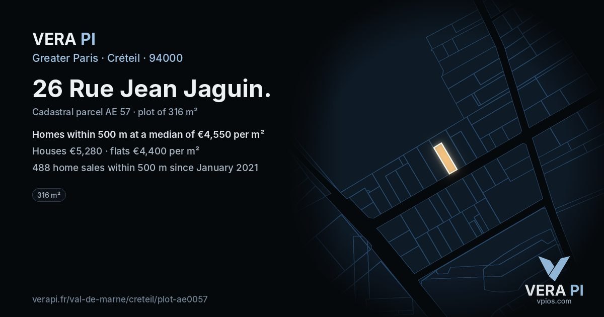 26 Rue Jean Jaguin, Créteil at night – the plot lit, the parcels around coloured by the prices near them