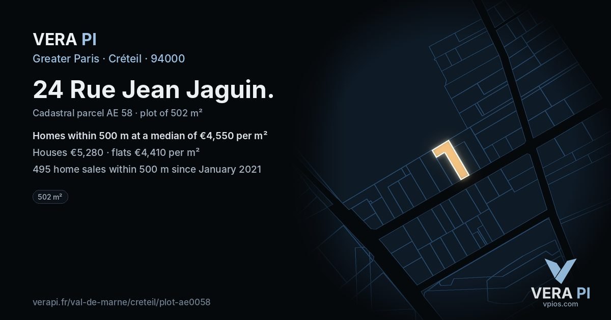 24 Rue Jean Jaguin, Créteil at night – the plot lit, the parcels around coloured by the prices near them
