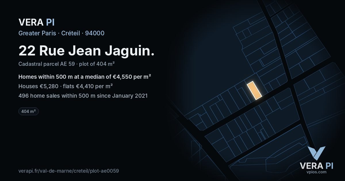22 Rue Jean Jaguin, Créteil at night – the plot lit, the parcels around coloured by the prices near them