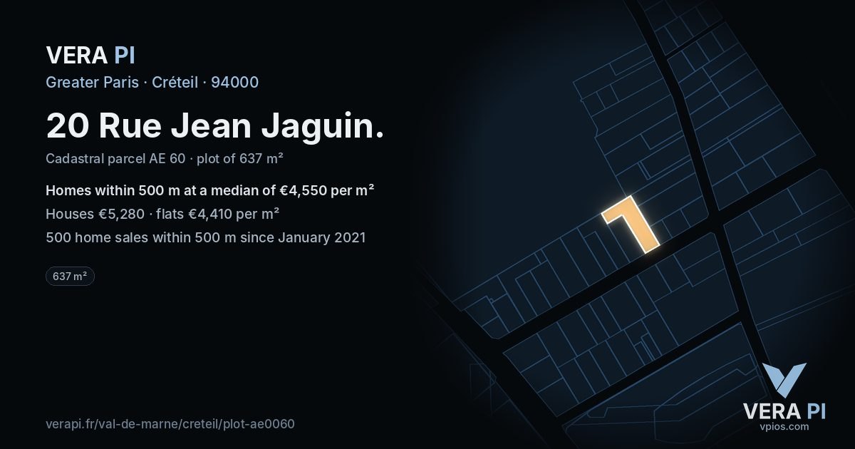 20 Rue Jean Jaguin, Créteil at night – the plot lit, the parcels around coloured by the prices near them
