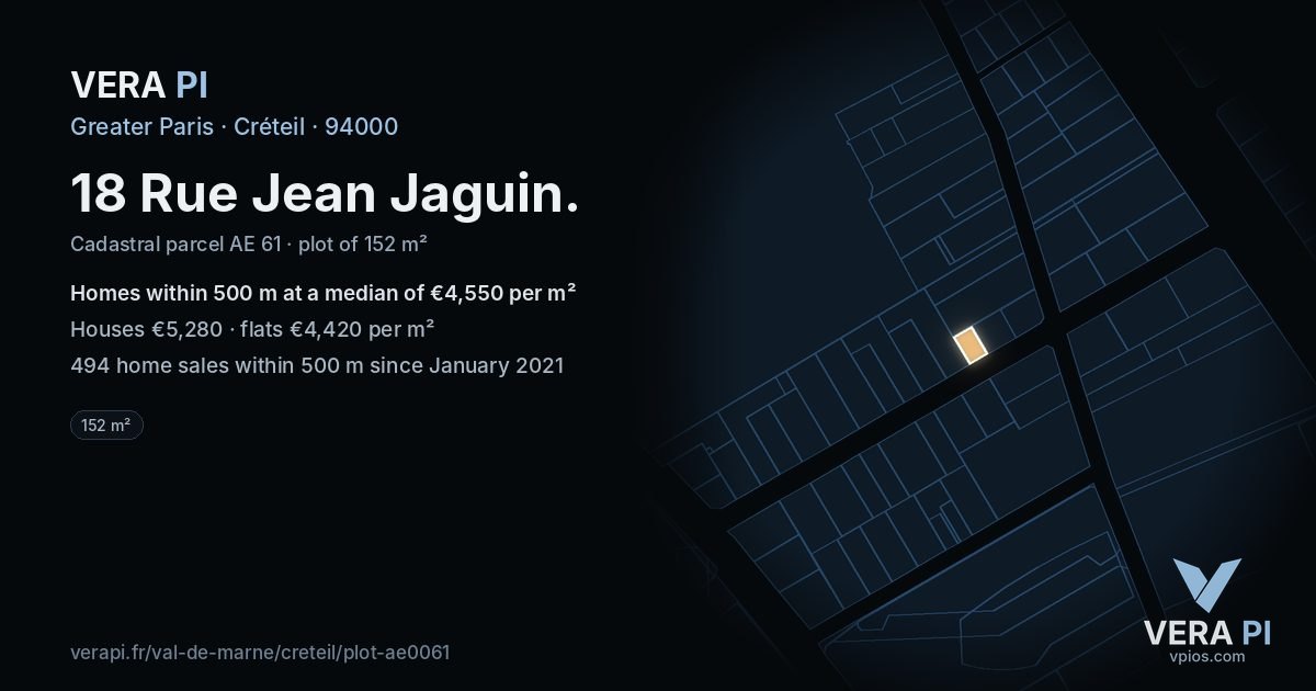 18 Rue Jean Jaguin, Créteil at night – the plot lit, the parcels around coloured by the prices near them