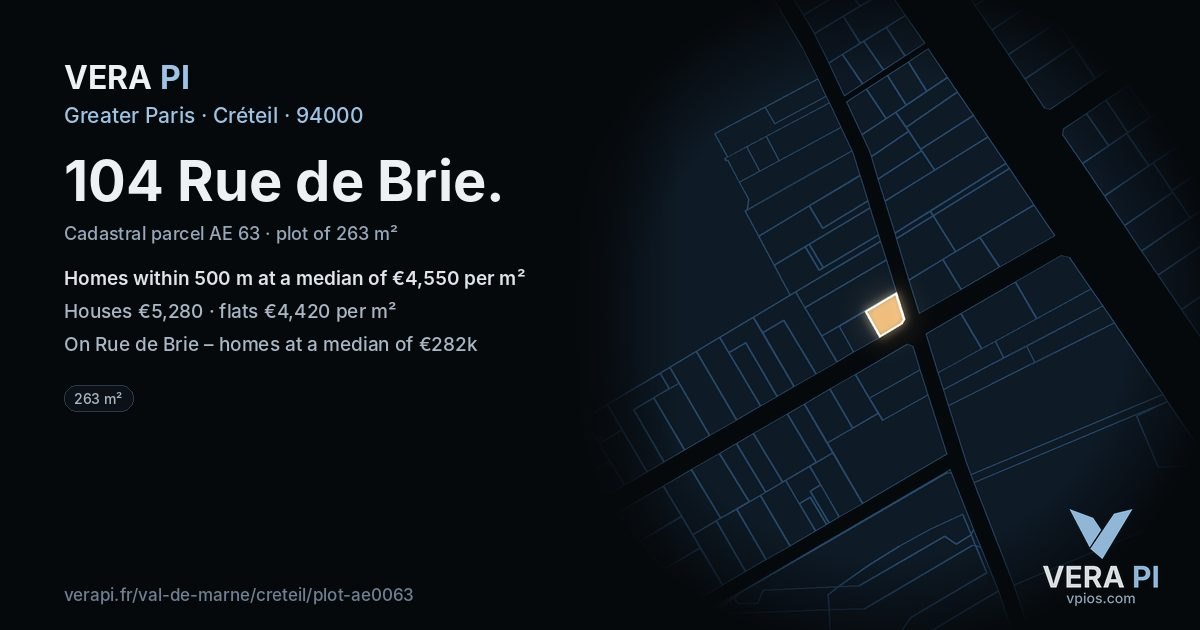 104 Rue de Brie, Créteil at night – the plot lit, the parcels around coloured by the prices near them