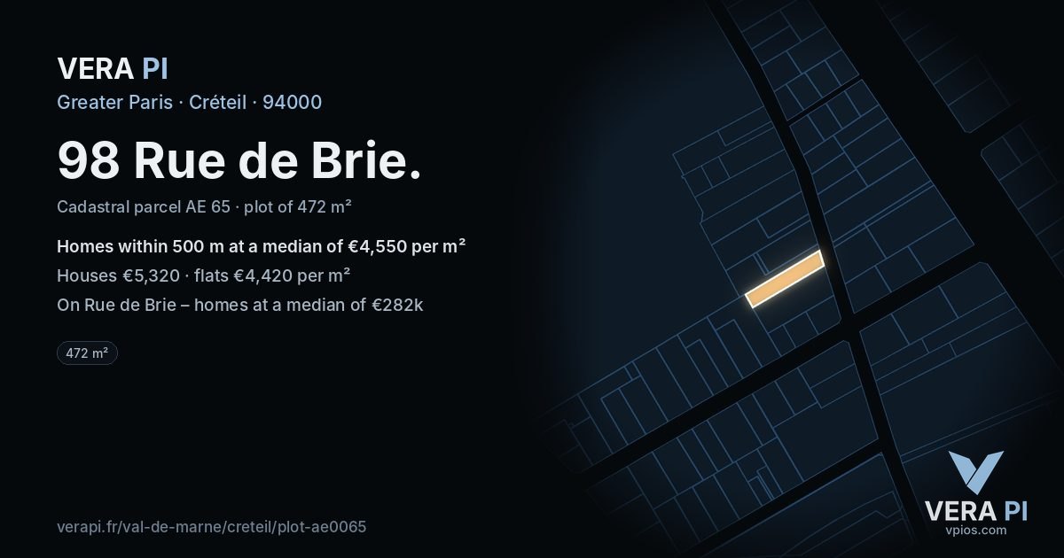 98 Rue de Brie, Créteil at night – the plot lit, the parcels around coloured by the prices near them
