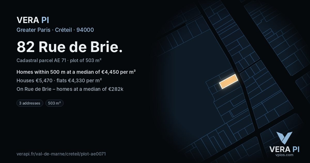 82 Rue de Brie, Créteil at night – the plot lit, the parcels around coloured by the prices near them