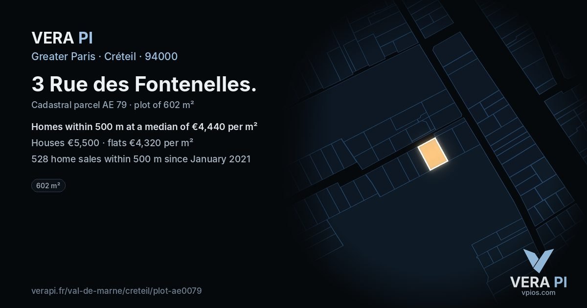 3 Rue des Fontenelles, Créteil at night – the plot lit, the parcels around coloured by the prices near them