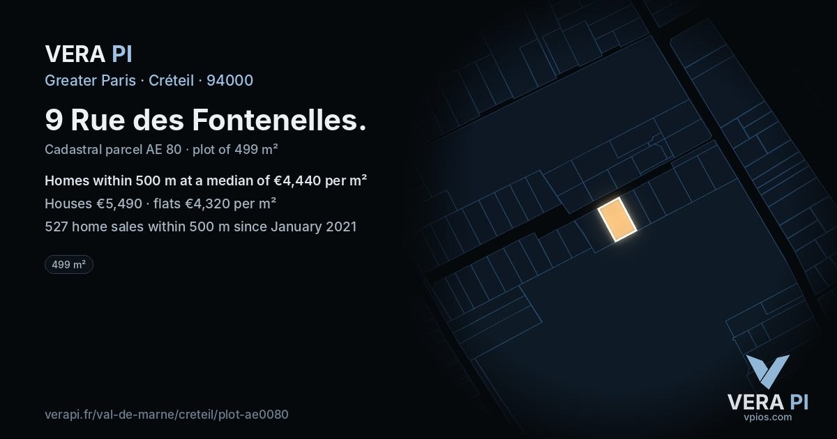 9 Rue des Fontenelles, Créteil at night – the plot lit, the parcels around coloured by the prices near them