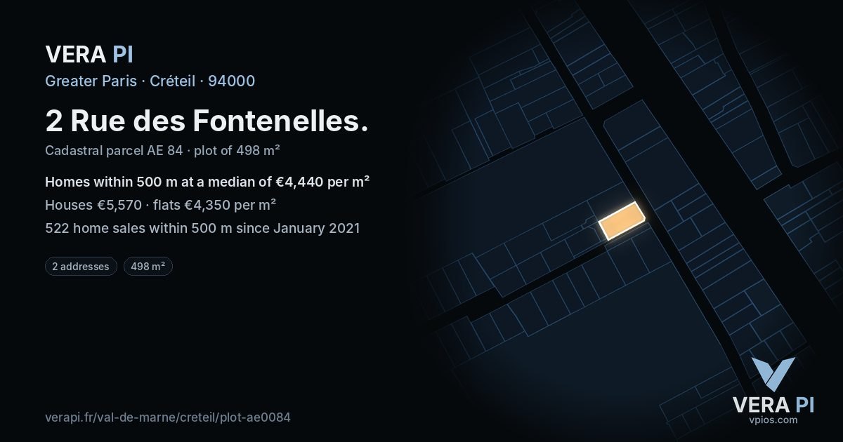 2 Rue des Fontenelles, Créteil at night – the plot lit, the parcels around coloured by the prices near them