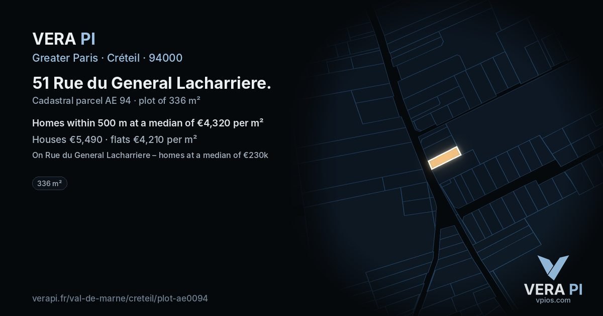 51 Rue du General Lacharriere, Créteil at night – the plot lit, the parcels around coloured by the prices near them