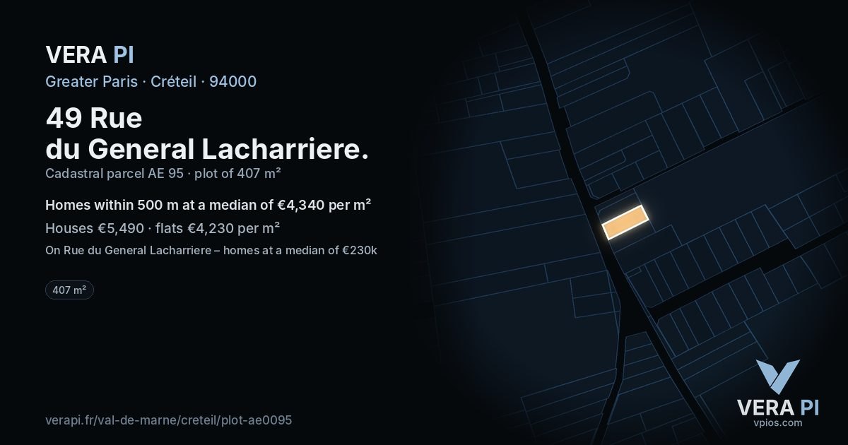 49 Rue du General Lacharriere, Créteil at night – the plot lit, the parcels around coloured by the prices near them