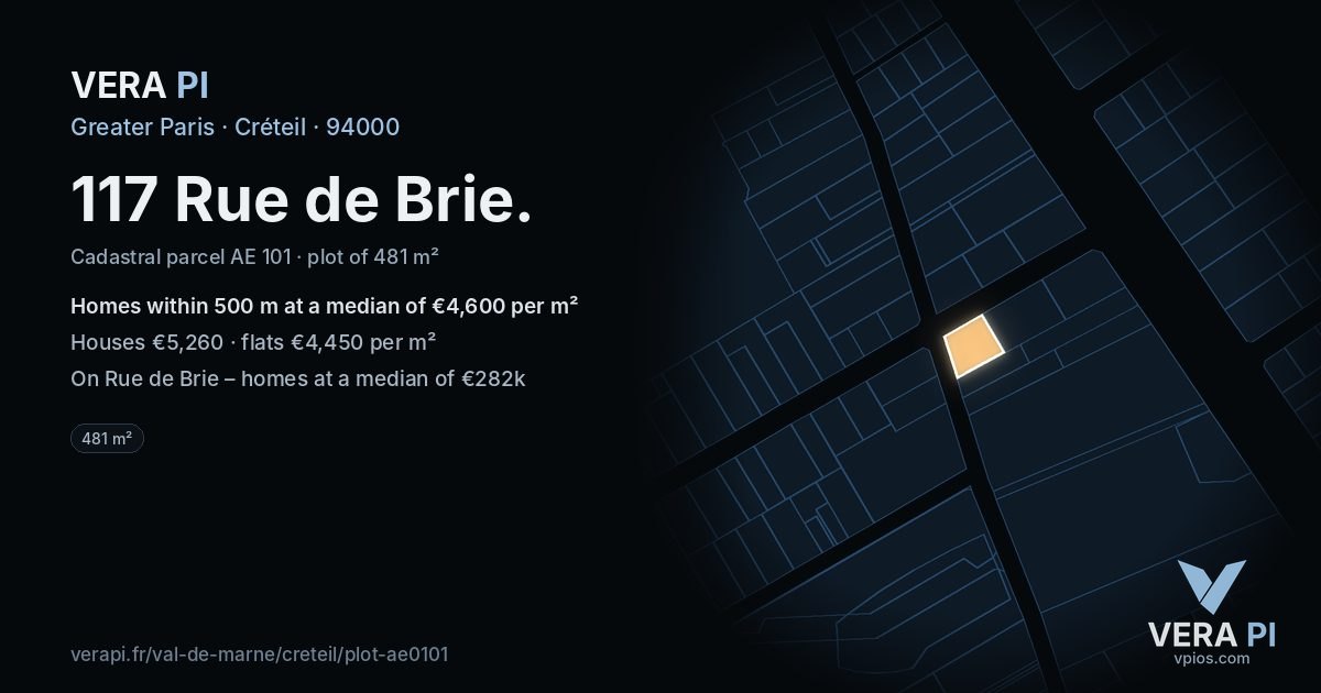 117 Rue de Brie, Créteil at night – the plot lit, the parcels around coloured by the prices near them