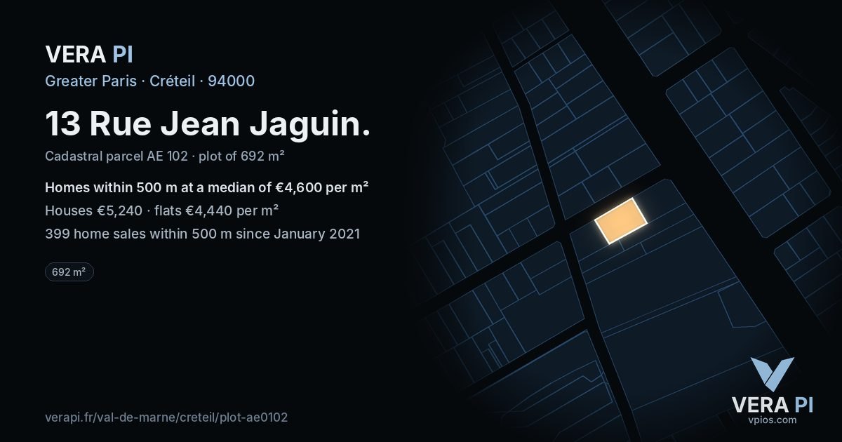13 Rue Jean Jaguin, Créteil at night – the plot lit, the parcels around coloured by the prices near them
