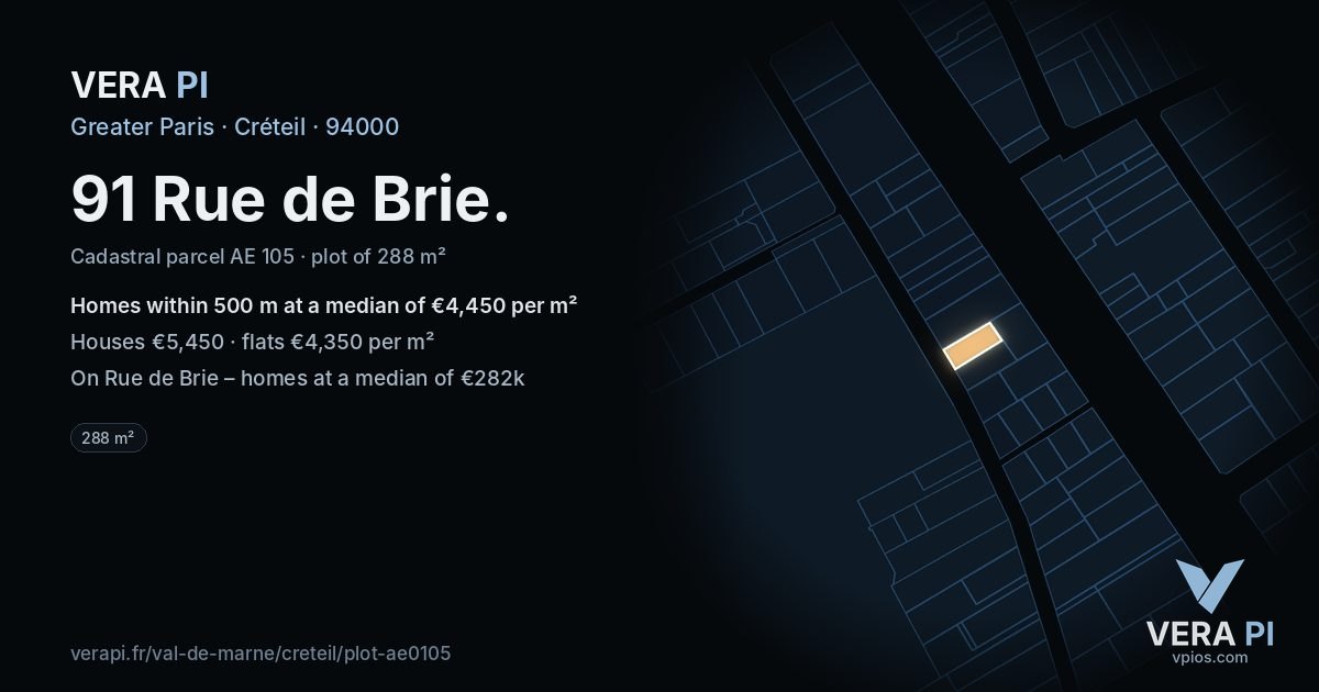 91 Rue de Brie, Créteil at night – the plot lit, the parcels around coloured by the prices near them
