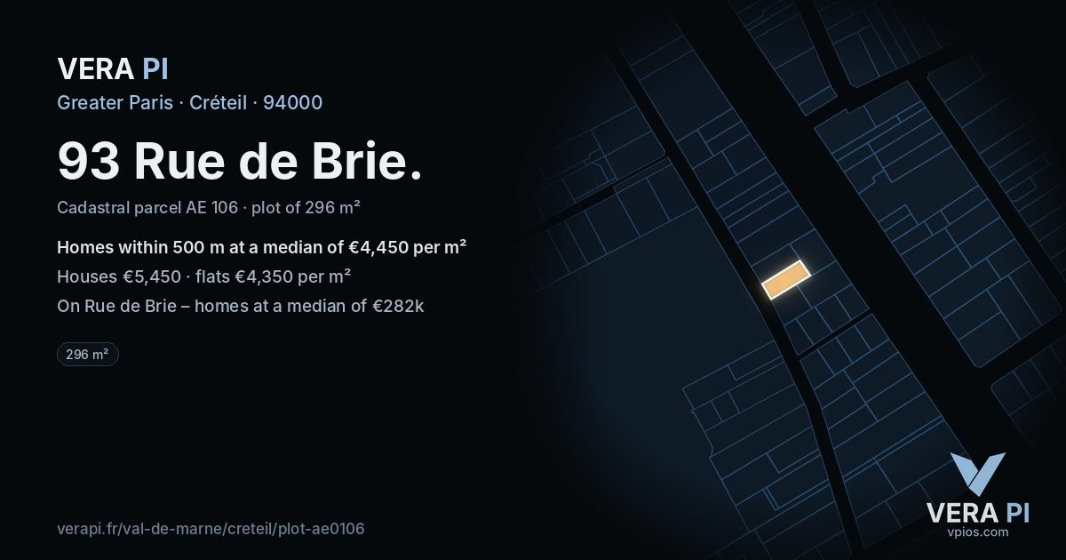 93 Rue de Brie, Créteil at night – the plot lit, the parcels around coloured by the prices near them