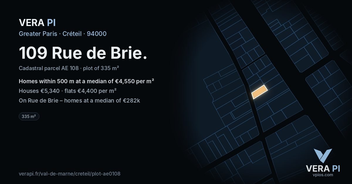 109 Rue de Brie, Créteil at night – the plot lit, the parcels around coloured by the prices near them