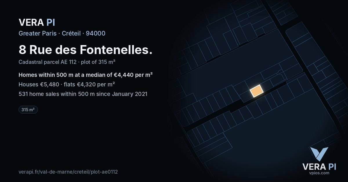 8 Rue des Fontenelles, Créteil at night – the plot lit, the parcels around coloured by the prices near them