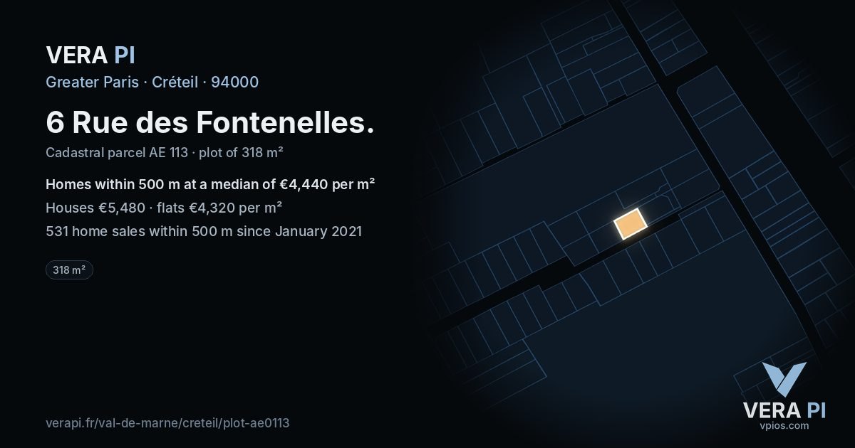 6 Rue des Fontenelles, Créteil at night – the plot lit, the parcels around coloured by the prices near them