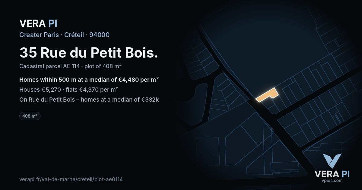 35 Rue du Petit Bois, Créteil at night – the plot lit, the parcels around coloured by the prices near them