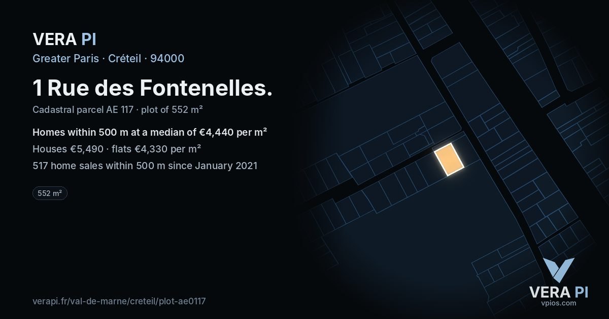 1 Rue des Fontenelles, Créteil at night – the plot lit, the parcels around coloured by the prices near them
