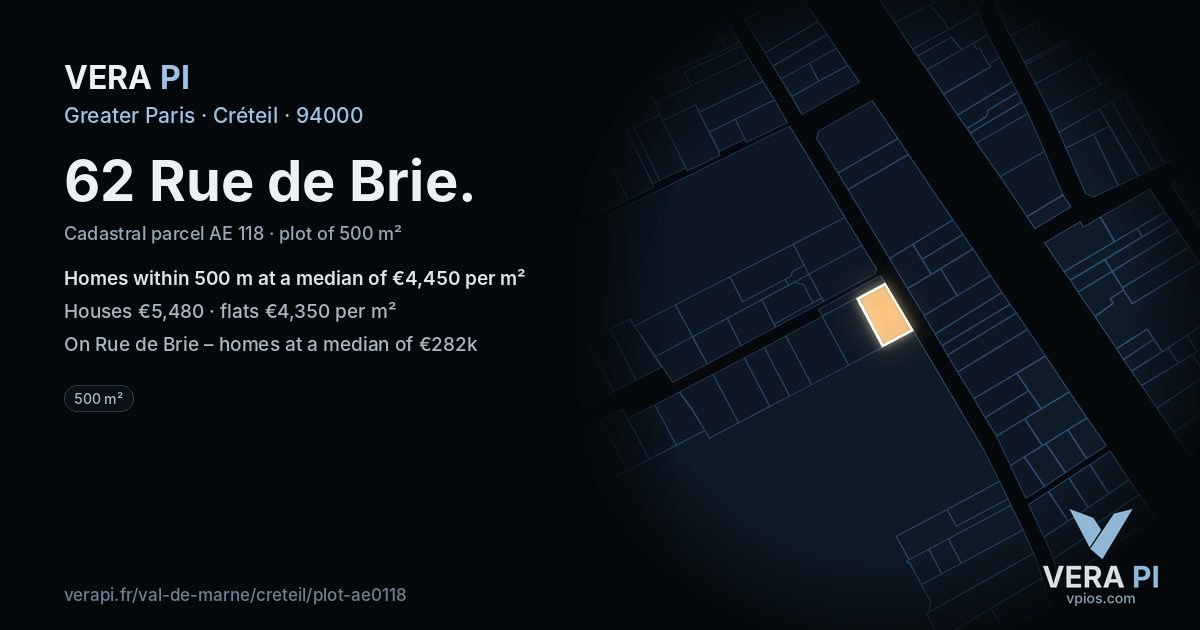 62 Rue de Brie, Créteil at night – the plot lit, the parcels around coloured by the prices near them