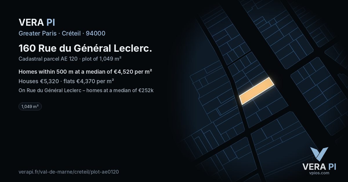 160 Rue du Général Leclerc, Créteil at night – the plot lit, the parcels around coloured by the prices near them