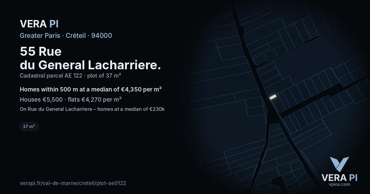 55 Rue du General Lacharriere, Créteil at night – the plot lit, the parcels around coloured by the prices near them