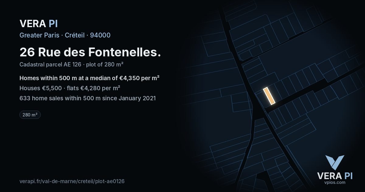 26 Rue des Fontenelles, Créteil at night – the plot lit, the parcels around coloured by the prices near them