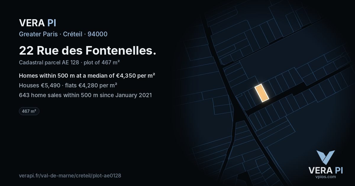 22 Rue des Fontenelles, Créteil at night – the plot lit, the parcels around coloured by the prices near them