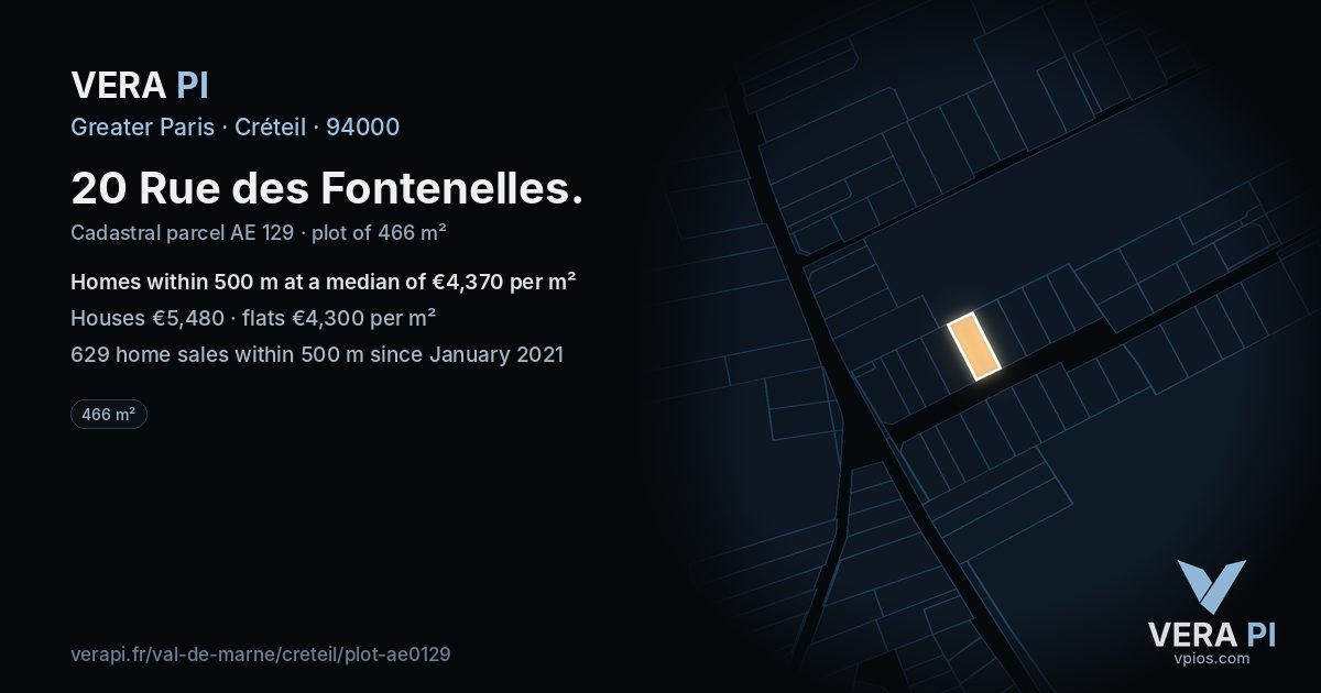 20 Rue des Fontenelles, Créteil at night – the plot lit, the parcels around coloured by the prices near them