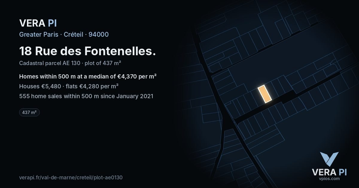 18 Rue des Fontenelles, Créteil at night – the plot lit, the parcels around coloured by the prices near them