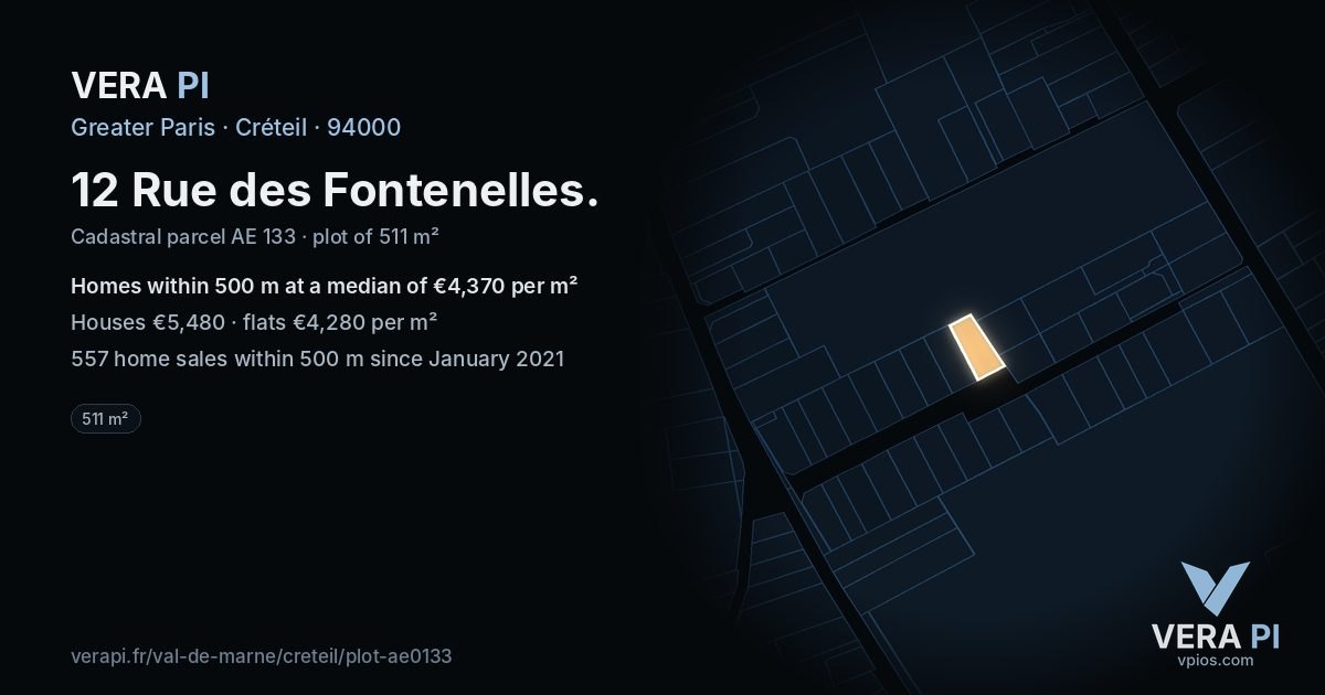 12 Rue des Fontenelles, Créteil at night – the plot lit, the parcels around coloured by the prices near them