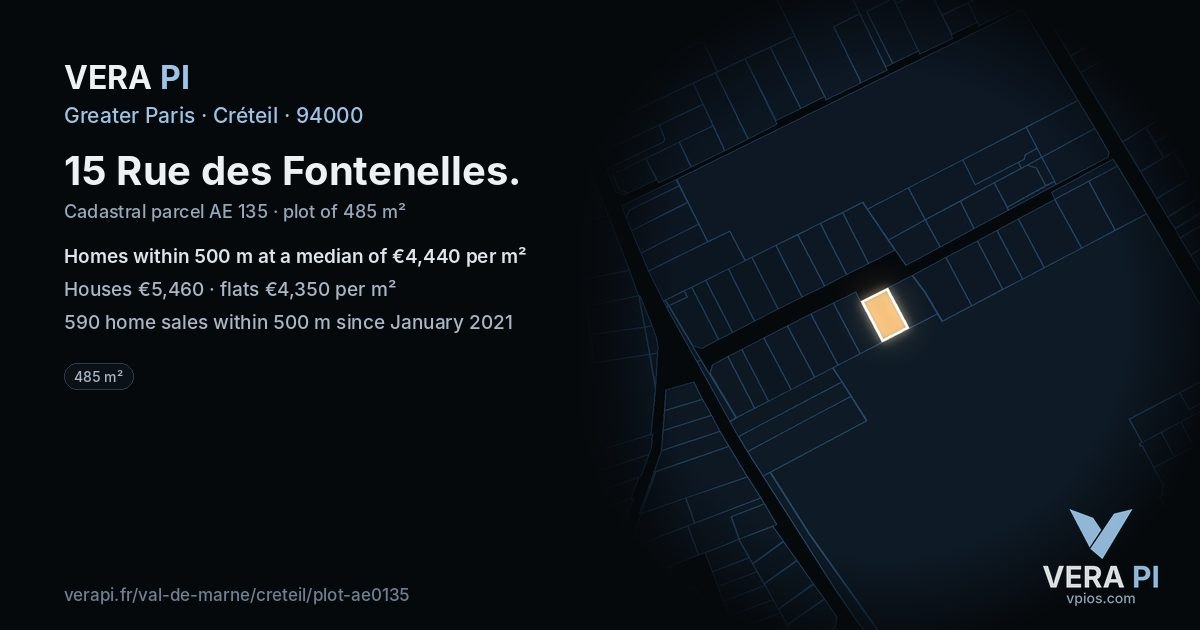 15 Rue des Fontenelles, Créteil at night – the plot lit, the parcels around coloured by the prices near them