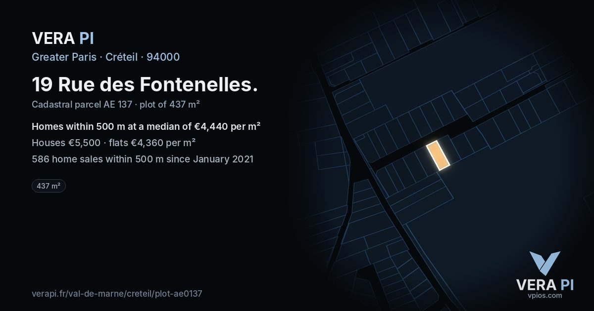 19 Rue des Fontenelles, Créteil at night – the plot lit, the parcels around coloured by the prices near them