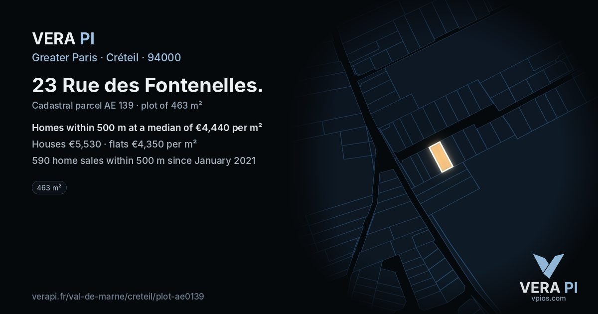 23 Rue des Fontenelles, Créteil at night – the plot lit, the parcels around coloured by the prices near them
